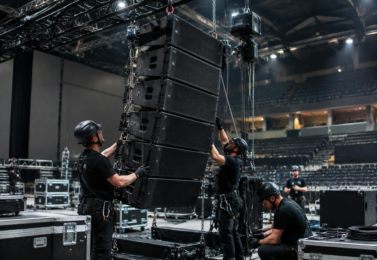 Etkinlik alanında line-array ses sistemi kurulumu