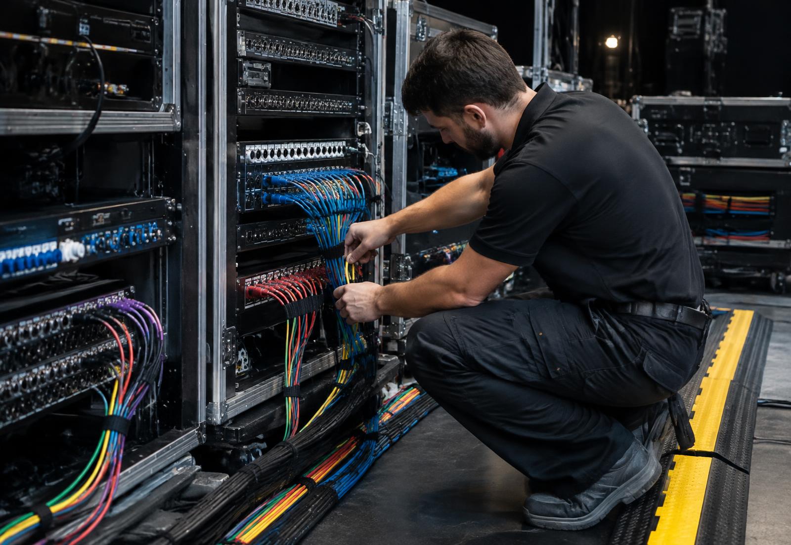 Teknik rack üzerinde düzenli sinyal ve kablo bağlantıları